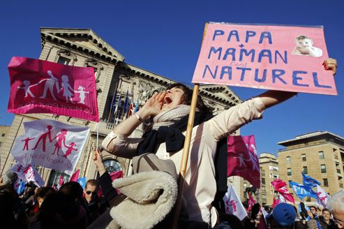 Opponents to gay marriage, adoption and procreation assistance wave flags and shout slogans during a demonstration in Marseille
